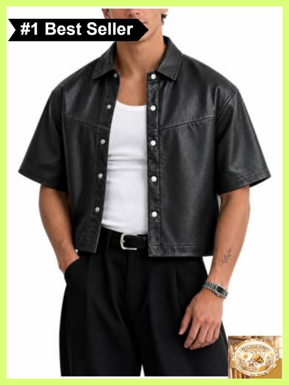 Men's Cropped Faux Leather Button Up Shirt Boxy Y2K Short Sleeve Jacket